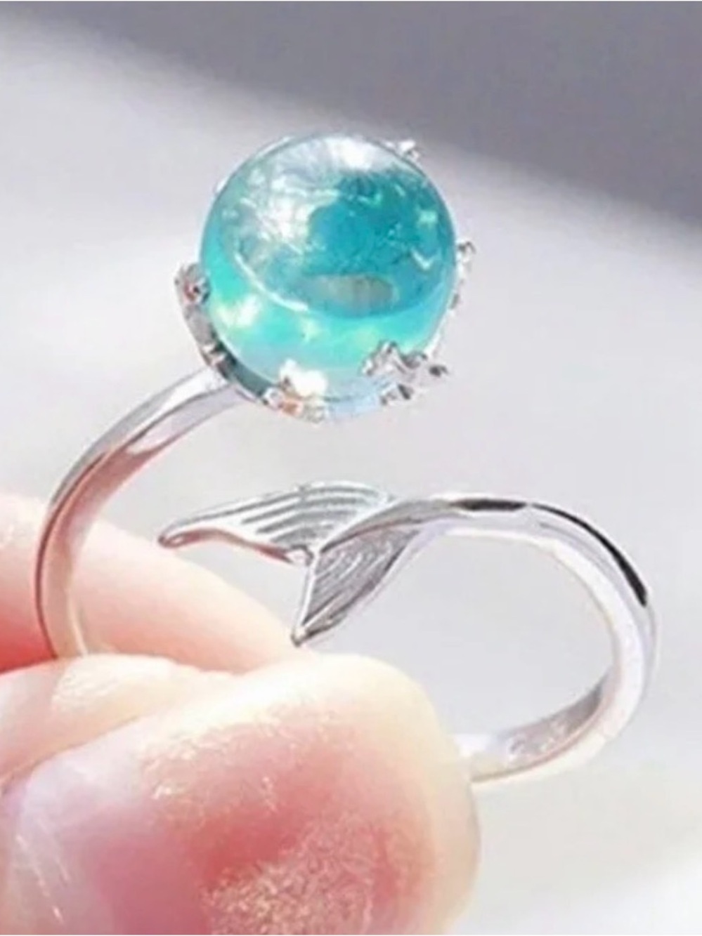 18K White Gold 10MM Round Blue Aqua Crystal Mermaid Ring